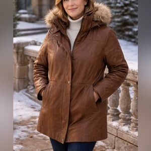 AS Studio Montréal Leather Parka Coat Fur Hood Brown Size Large